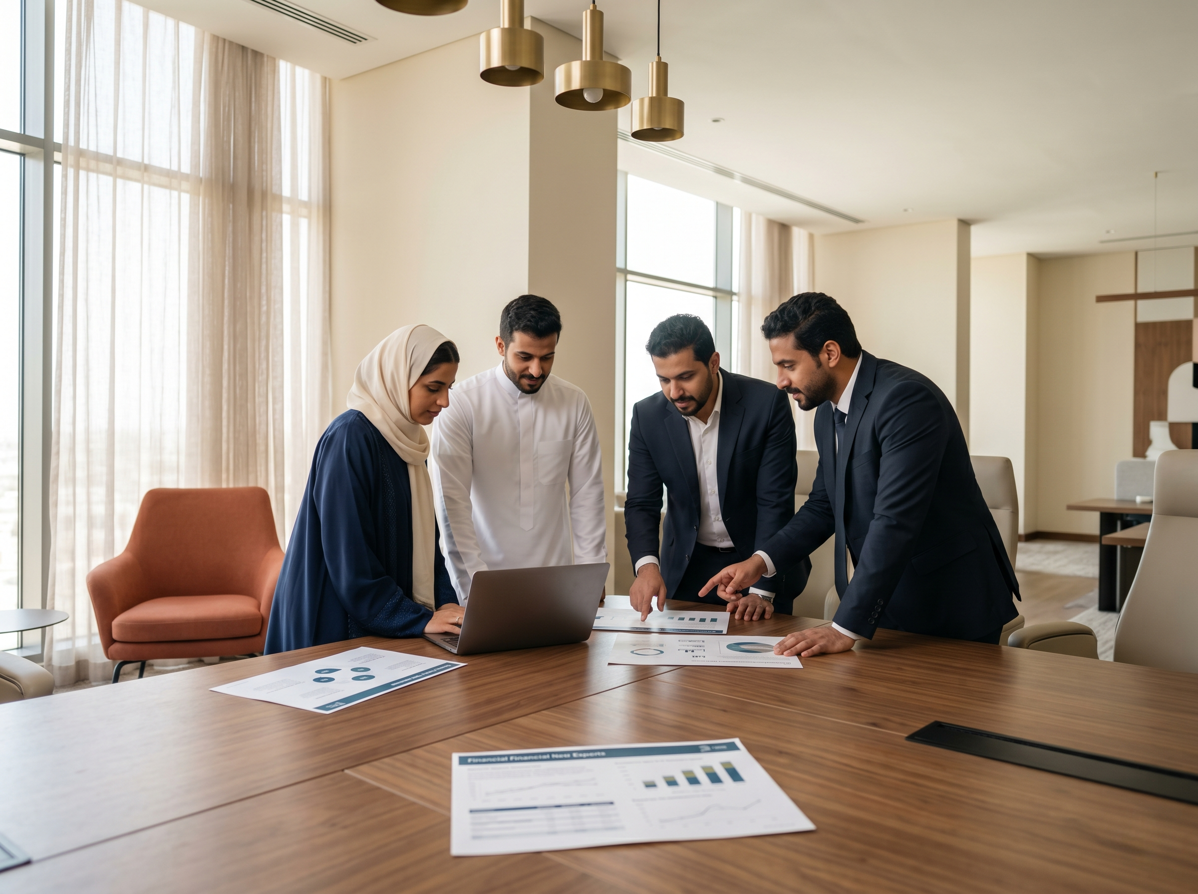 Saudi professional team reviewing workforce analytics in a modern office